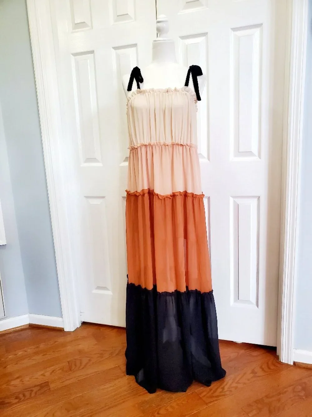 Fanco Tiered Ombré Maxi Dress Peach Pink Black Boho Cottagecore Dress M Romantic